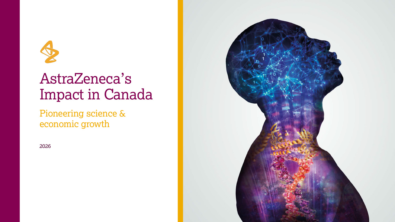 Cover of the report “AstraZeneca’s Impact in Canada: Pioneering science & economic growth” (2026), featuring a human silhouette filled with DNA strands and digital network imagery, representing biomedical research and innovation.